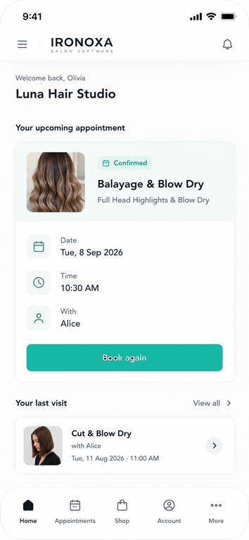 The customer mobile app: an upcoming appointment and a button to book the same again.