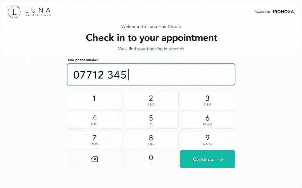 The in-shop customer screen: checking in with a phone number, and booking an appointment.