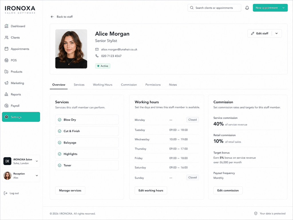 Staff setup: the services a person performs, their working hours and days off, and their commission.