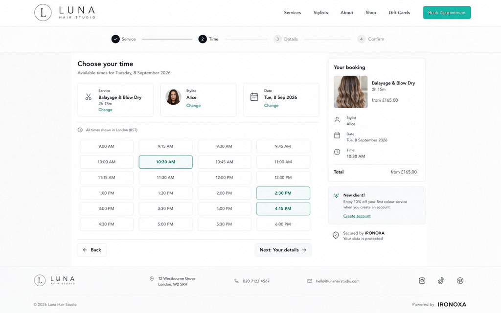 The customer-facing booking website: choosing a service, then a day, then an available time.