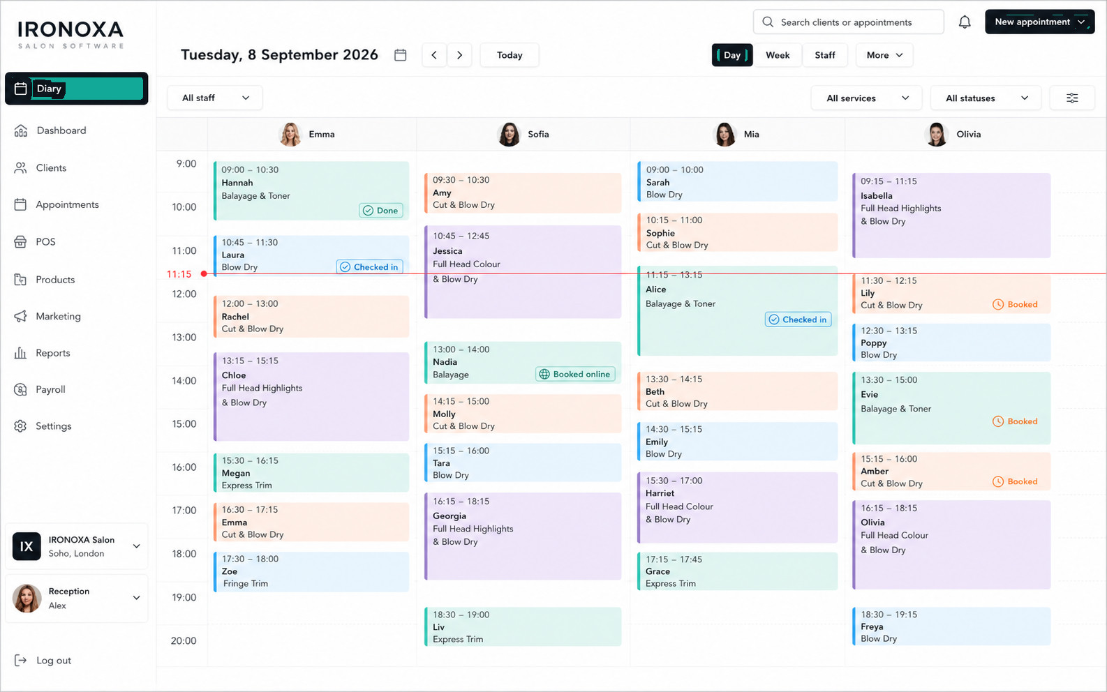 IRONOXA Appointments: the front-desk diary showing a day across four staff columns, with booked, checked-in and free time.