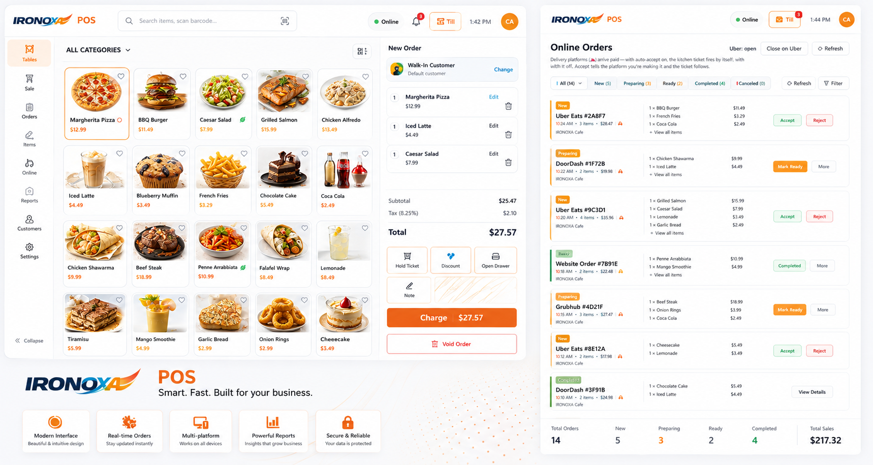 IRONOXA POS: the sale screen with menu items and an open order, alongside the incoming orders screen showing Uber Eats, DoorDash, Grubhub and website orders waiting to be accepted.